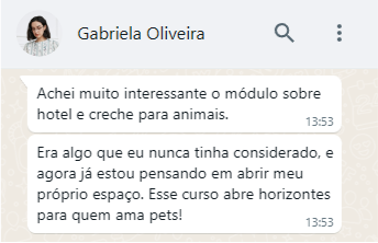 depoimento da gabriela oliveira sobre o curso pet sitter