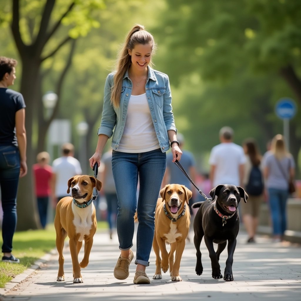 pessoa que fez o curso de pet sitter passeando com três cachorros em uma praça movimentada