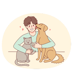 pet sitter abraçando um cachorro e um gato