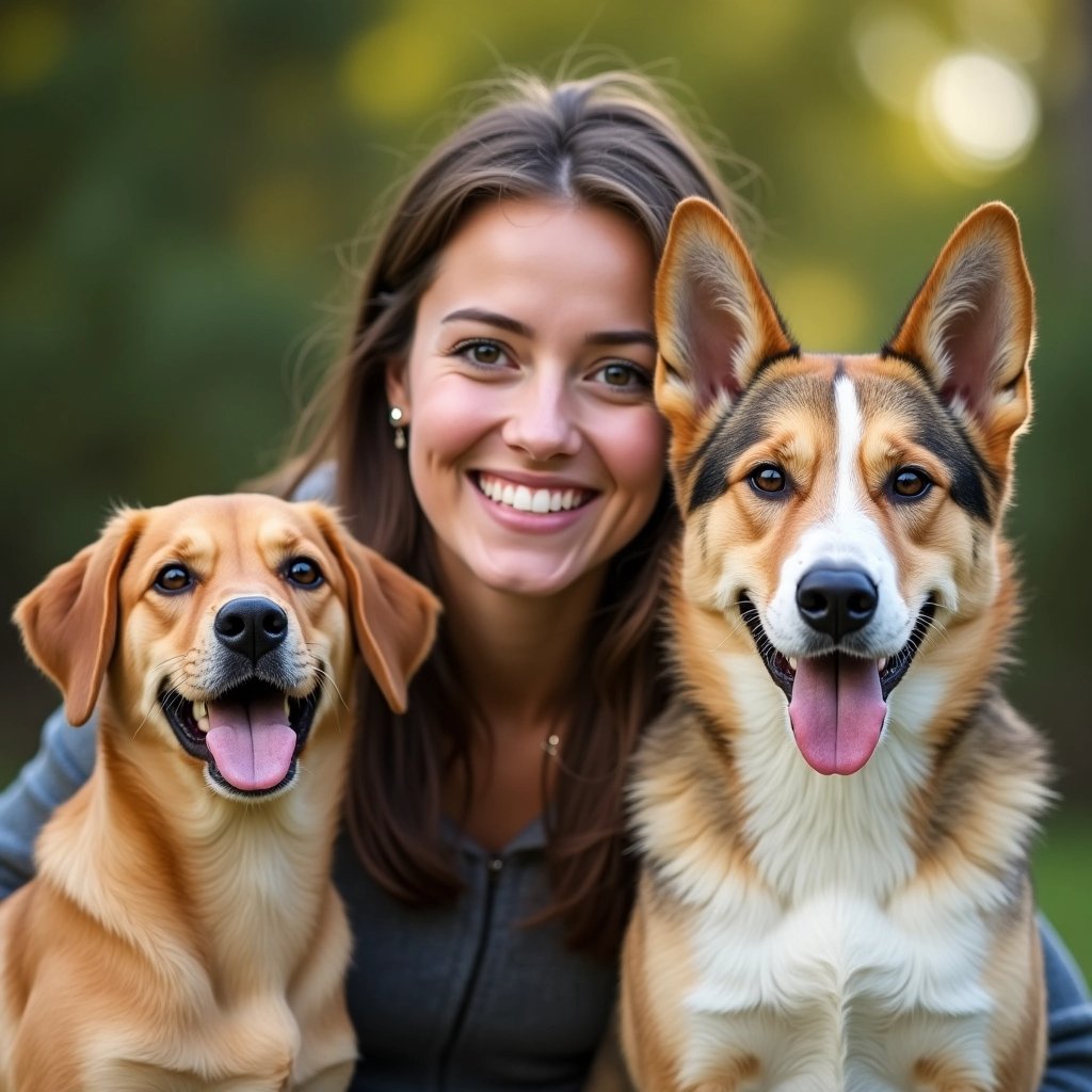 uma profissional pet sitter sorrindo e ao lado dela dois cachorros