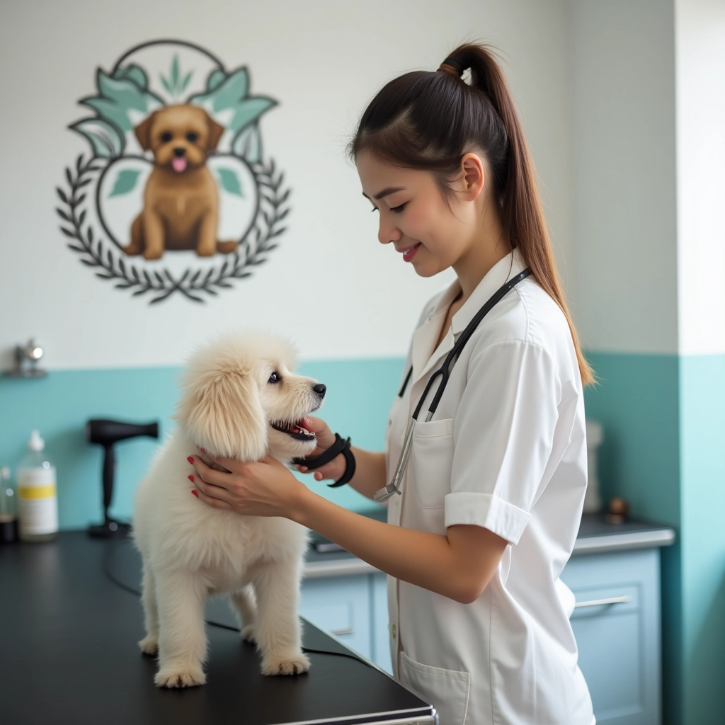 aluna do curso banho e tosa cuidando de um cachorro de porte médio pequeno e dar cor branca