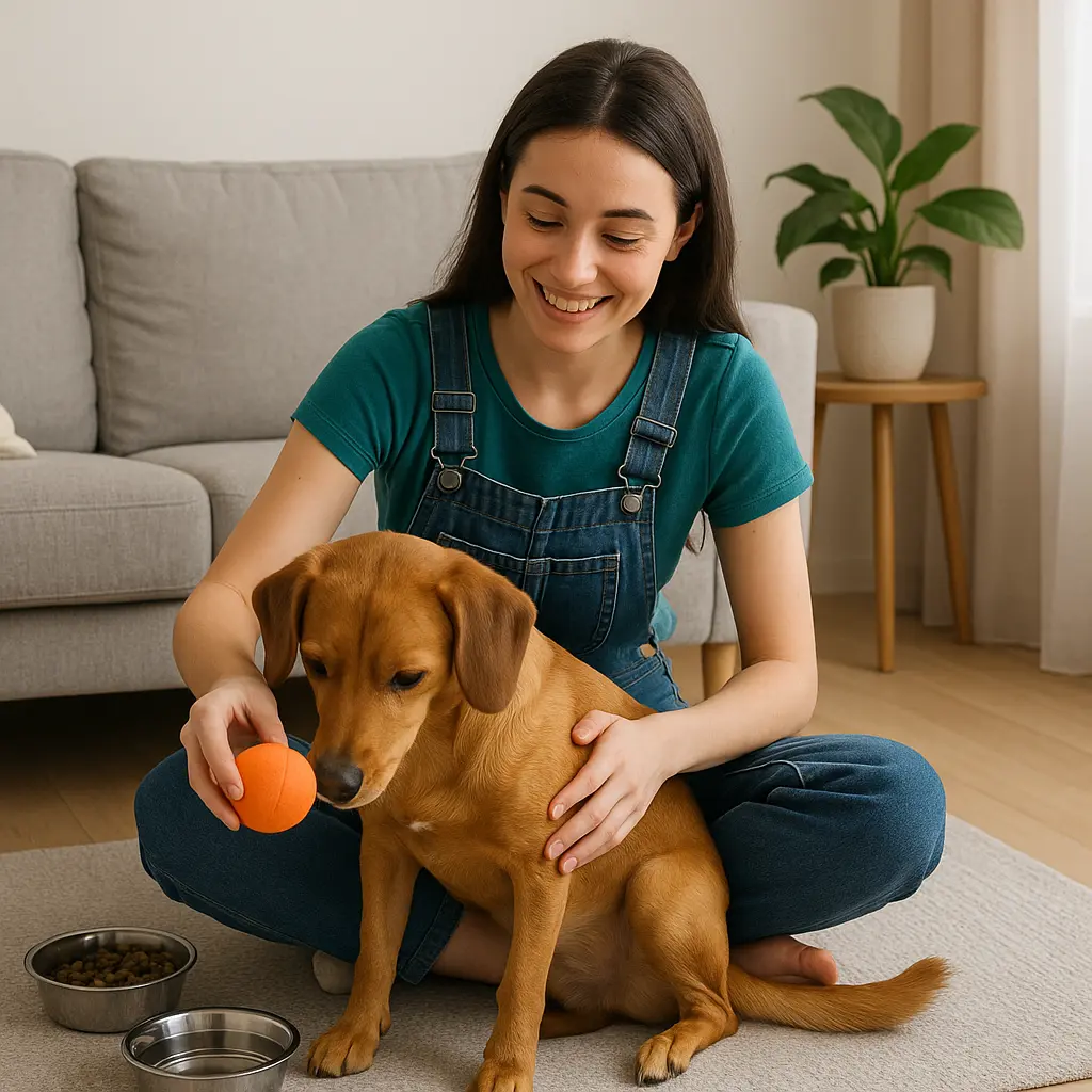 pet sitter cuidando de um cão da cor marrom