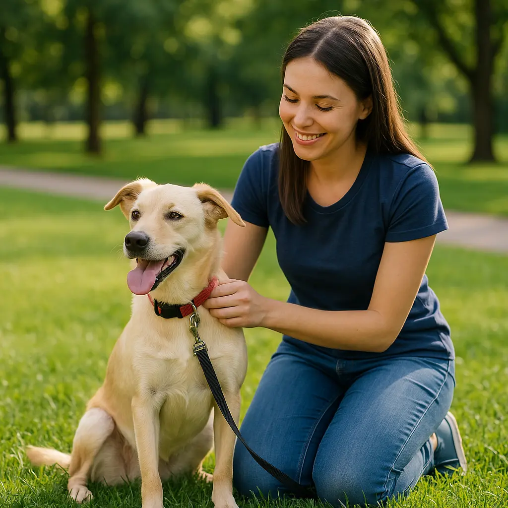 pet sitter cuidando de um cachorro no parque