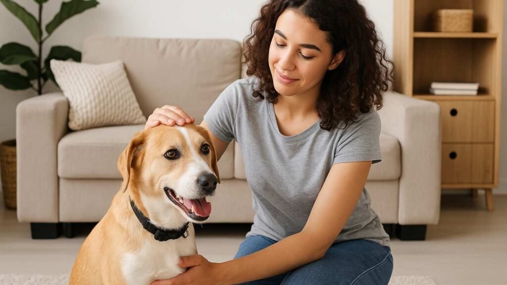 pet sitter acariciando o cachorro de um cliente