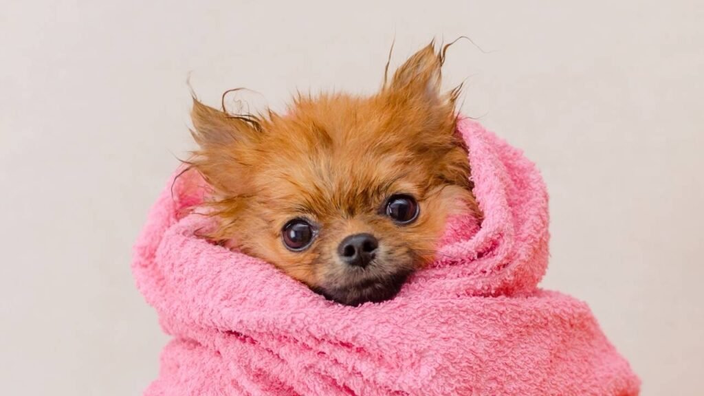 cachorro enrrolado em uma toalha da cor rosa após ter tomado banho em um banho e tosa com veterinário