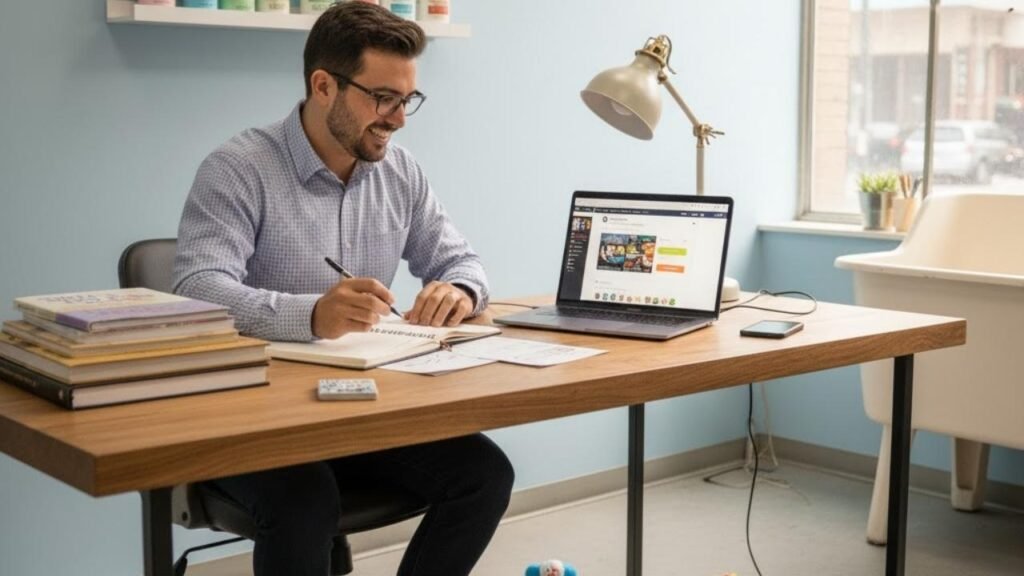 dono de banho e tosa aprendendo marketing para começar a atrair clientes para o seu estabelecimento que foi aberto mesmo tendo pouco dinheiro de reserva