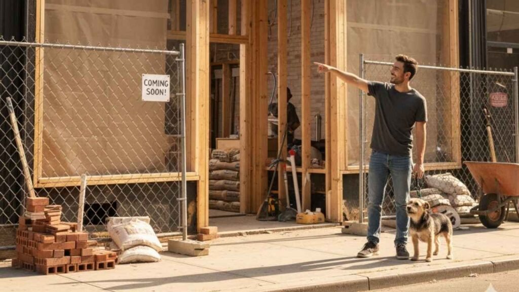 empreendedor e o cachorro do lado de fora visualizando a construção do seu banho e tosa que está sendo aberto mesmo tendo pouco dinheiro no banco