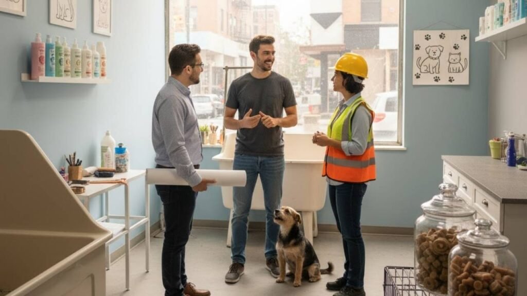 dono de um banho e tosa conversando com o engenheiro e arquiteto responsáveis por construir o seu banho e tosa mesmo tendo pouco dinheiro