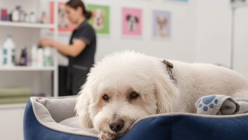 cachorro deitado e confortável após ter passado por um processo de banho e tosa em uma clínica veterinária