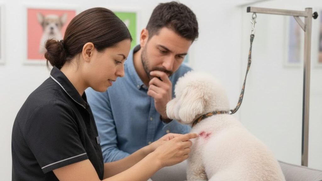 profissional mostrando uma ferida encontrada no cachorro durante o processo de banho e tosa