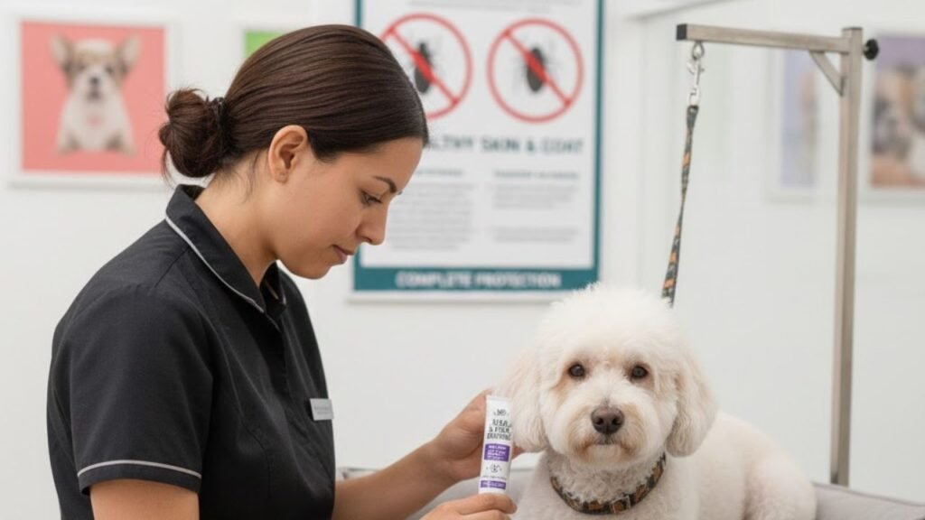 profissional aplicando um medicamento que irá prevenir o cachorro a contrair pulgas e carrapatos após o processo de banho e tosa